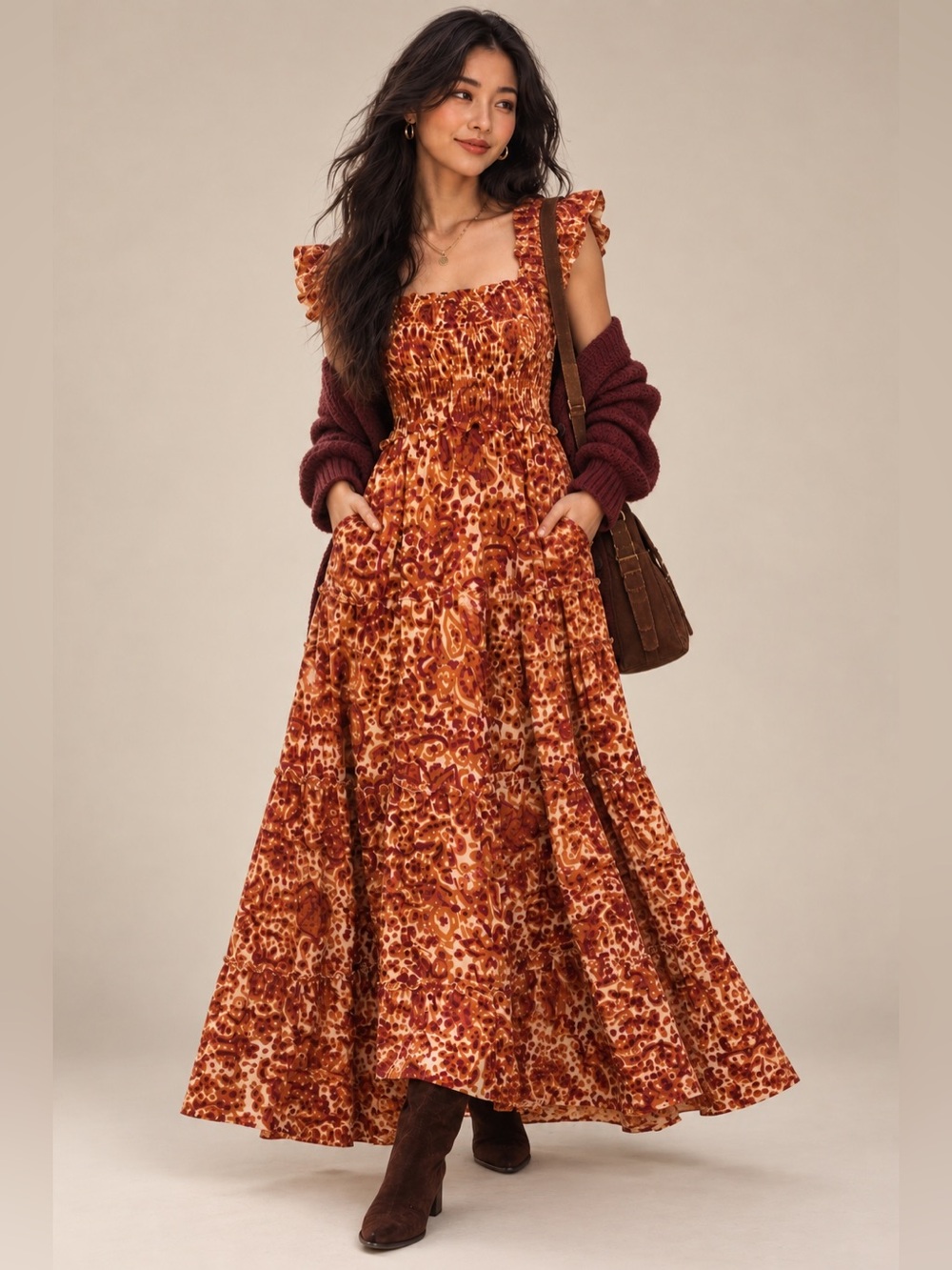 House of Harlow 1960 Smocked Tiered Maxi Dress XS Orange Paisley Boho